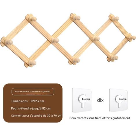 Patère murale extensible en bois naturel, porte‑manteau pliable à crochets mobiles, pour porte, mur, rangement chapeaux et sacs (1/3)