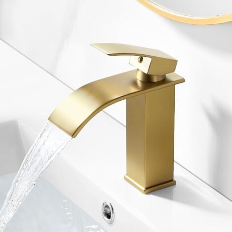 Robinet cascade salle de bain doré brossé, mitigeur en laiton sans tirette, hauteur sous bec 107 mm, style moderne et élégant pour vasque ou lavabo (1/5)