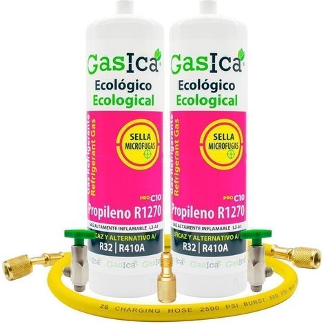 2 Botellas Gas refrigerante GASICA C10 compatible con R32 R410A válvula incluida, manguera y adaptador