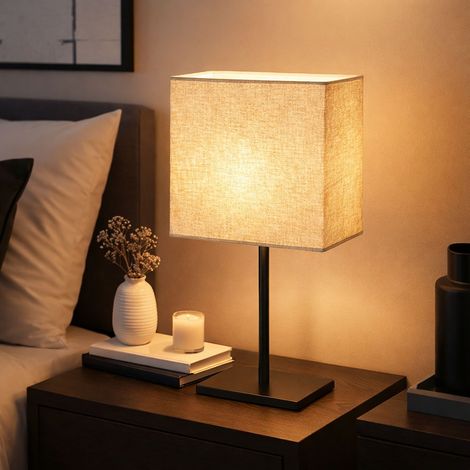 Tischleuchte Leinen sandfarben Nachttischleuchte schwarz Wohnzimmerlampe Tischlampe, Metall, E14 Fassung, LxBxH 17x10x30 cm
