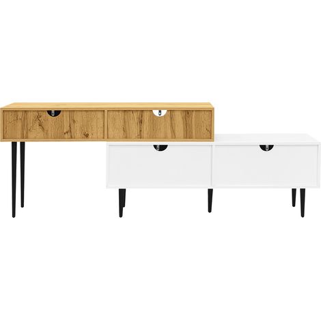Meuble TV Moderne, Longueur Ajustable, Design Modulaire 2 Pièces, Effet Bois Et Blanc Mat (1/5)