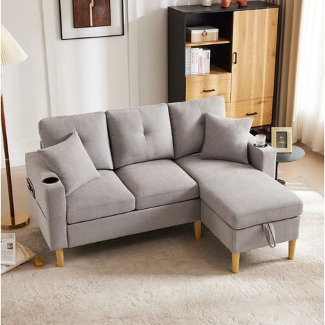 Canapé d'angle 175x129x90 cm gris clair en coton et lin avec méridienne réversible et rangement (1/5)