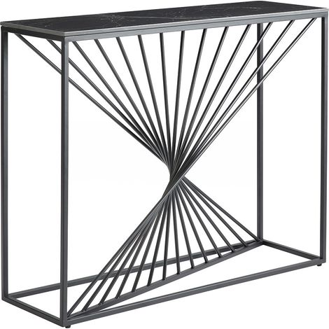 DOMUS - Console Plateau Céramique Marbré Noir Pieds Métal Noir (1/3)