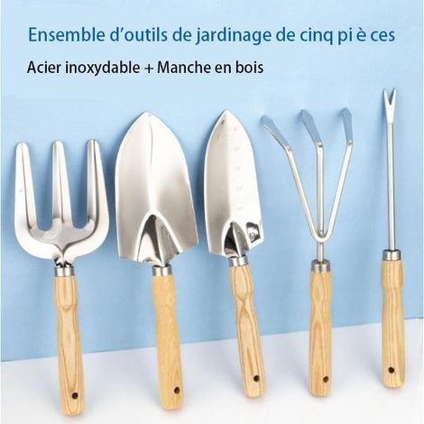 5 Stainless Steel Gardening Tools - Shovel, Rake, Fork