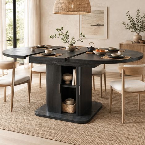 Tavolo ovale allungabile con contenitore 110–149,8 x 110 x 75 cm, MDF e metallo, nero DESVIAE (1/5)