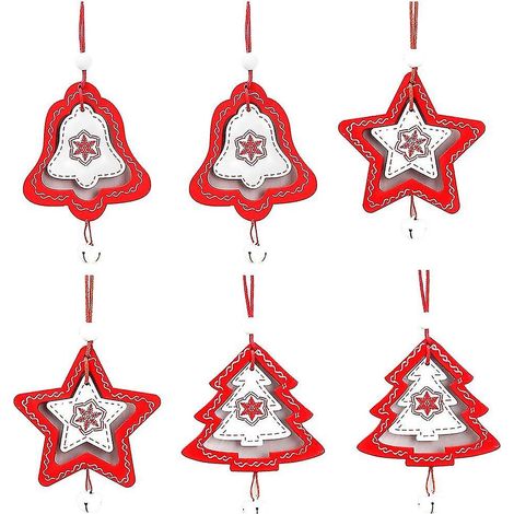 Cloches en bois, étoiles et décorations de sapin de Noël - Lot de 6