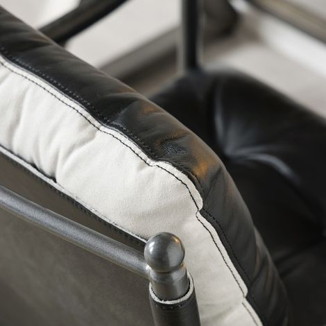 Fauteuil d'appoint cuir véritable, assise vintage milieu de siècle, piètement métal noir, fauteuil club une place pour séjour ou chambre à coucher (1/5)