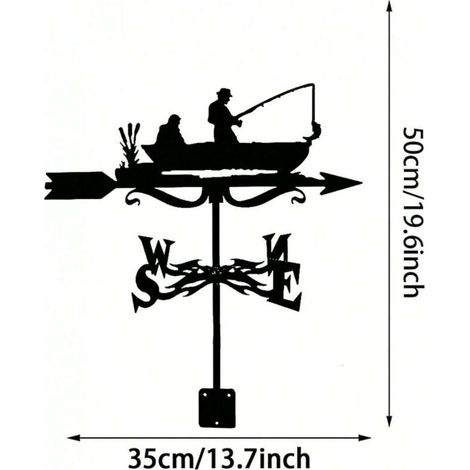 Wetterfahne aus Schmiedeeisen, Fischermotiv, Gartendekoration, Hof, Außenbereich, Windrichtungsanzeiger, Rasen-Set
