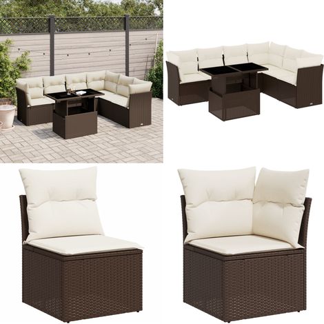 7-tlg. Garten-Sofagarnitur mit Kissen Braun Poly Rattan - Gartensortiment - Gartenmöbelset - PE-Rattan Möbel - Outdoor Sofa - Lounge Set - Home & Living (1/5)
