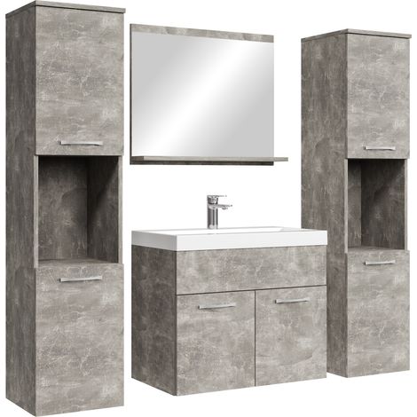Badplaats – Ensemble de meubles de salle de bain 5 pièces – Lavabo marbre artificiel 600x350mm – Meuble haut avec étagère – Couleur béton
