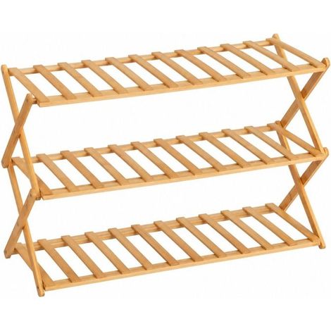 Étagère à Chaussures Pliable 3 Niveaux en Bambou Naturel, Capacité 9 Paires - Longueur 68 x Profondeur 25 x Hauteur 46 cm (1/5)