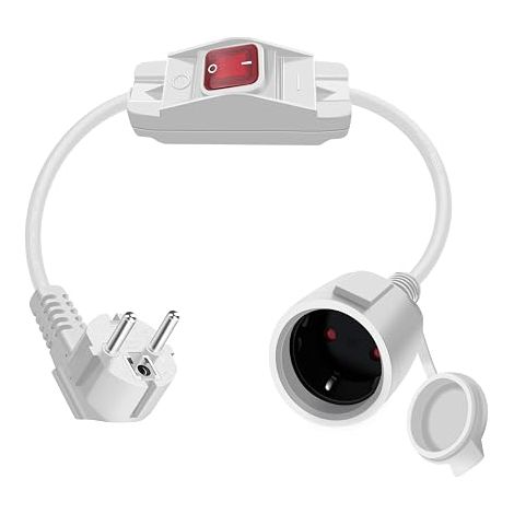 Cable D'extension Schuko avec Interrupteur 16A 250V Rallonge électrique Courte Schuko,Câble Court 2 AC Prise IP44 pour Une Utilisation Extérieure ou Intérieure (90° Blanc 0.5m) (1/5)