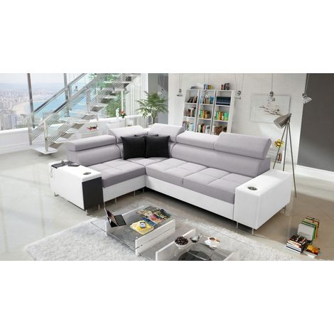 Elegantes Ecksofa mit Konsole und Ladegerät MORENA II Kunstleder/Sawana Weiß/Hellgrau Links (1/5)