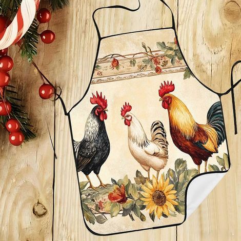 1pc Retro Rustic Three Roosters Sunflower Floral Print Apron  For Farm Kitchen Baking & Gardening  Perfect Christmas Gift For Country Farm Decor Ent (1/4)