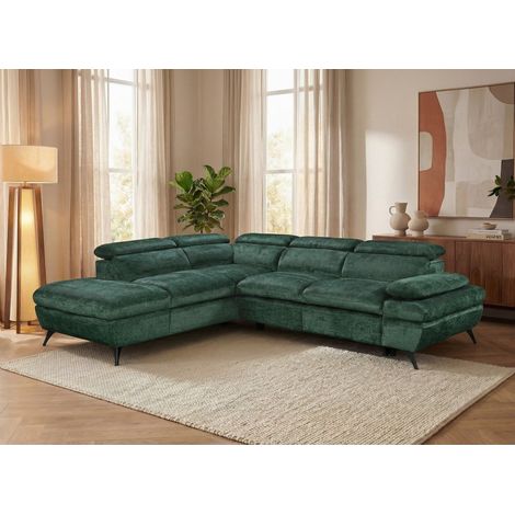 Canapé d'angle convertible avec coffre en velours chiné vert LUFY