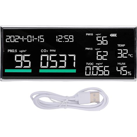 Compteur de qualité de l'air intérieur 9 en 1, testeur de bureau PM2.5 PM1.0 PM10, température, humidité, CO2 TVOC, affichage de l'heure et de la date pour la maison, l'hôtel, l'école. (1/5)