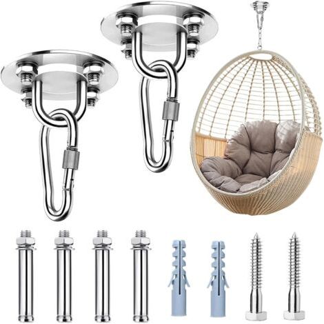 Lot de 2 crochets de plafond robustes en acier inoxydable - Pour suspendre chaises, hamacs, balançoires - Pivotants à 360° - Crochets argentés (1/5)