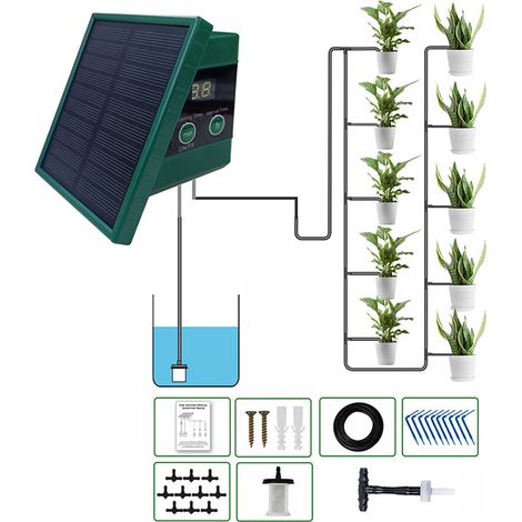 Système d'irrigation goutte à goutte solaire pour jardin, écran numérique, système d'arrosage automatique pour 10 plantes en pot, fleurs et légumes d'intérieur et d'extérieur