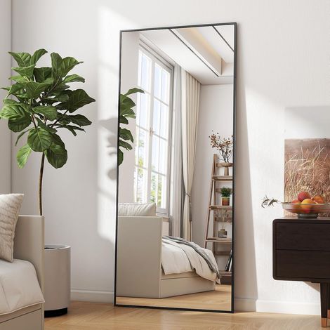 Miroir Pleine Longueur incassable 60 x 165 cm, Miroir sur Pied Suspendu ou appuyé Contre Le Mur, Grand Miroir de Sol avec Support pour Chambre à Coucher, Salon ou Dressing, Noir (1/5)