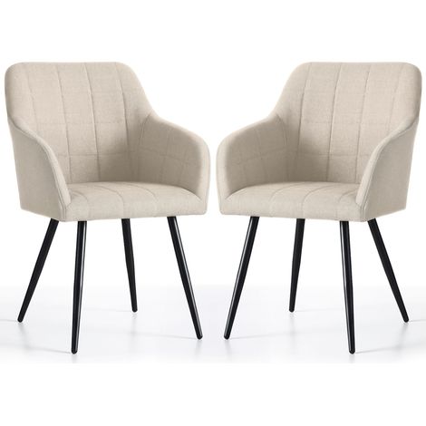 Lot de 2 Chaises rembourrées à surpiqûres carrées LUXANO Beige pieds noirs tissu Lumos (1/5)