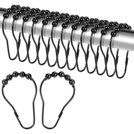 Lot de 12 anneaux de rideau de douche en acier inoxydable avec système coulissant, 12 crochets simples, 74 x 42 mm (noir) (1/5)
