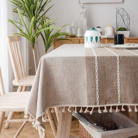 Nappe rectangulaire en lin beige, style vintage, en coton, 135 x 180 cm, idéale pour la table de cuisine. (1/5)
