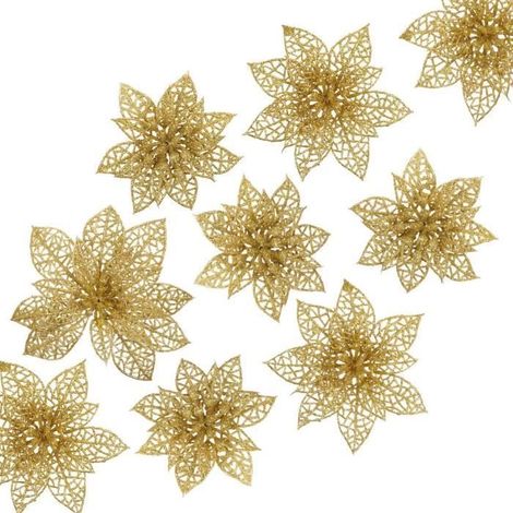 24 Weihnachtsdekorationen mit glitzernden Blüten für den Tannenbaum, Weihnachtsschmuck in 3 Größen 8/10/15 cm - Gold