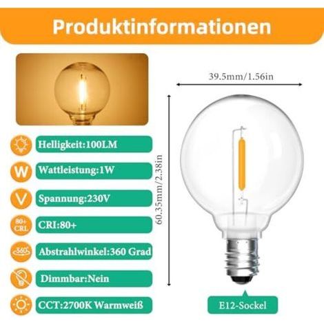 25 ampoules LED extérieures E12 G40 1W, blanc chaud 2200K, ampoules à filament LED G40 transparentes, étanches IP54, ampoules de remplacement E12, 230V non dimmables, pour jardin, ter (1/4)