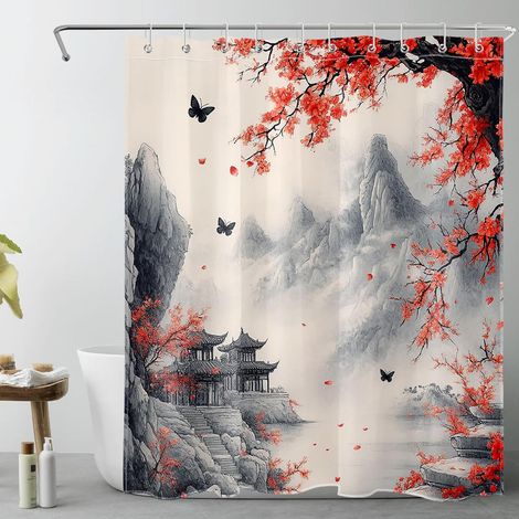 Montagne Grise Rideaux de Douche 150x180cm Fleur Rouge Arbre Papillon Noir Rideaux de Bain avec Crochets,Cabine Japonaise Court Imperméable Polyester Anti Moule Salle de Bain Décor (1/5)
