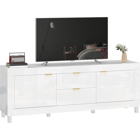 Meuble TV pour téléviseurs jusqu'à 75 pouces, meuble multimédia moderne avec 2 niches et 2 tiroirs, blanc haute brillance