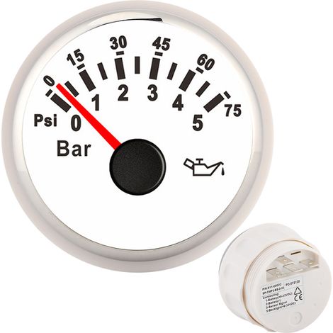 Manomètre d'huile 2 pouces 0-10 bar 145 psi, cadran rétroéclairé LED, pour auto, moto, bateau, camion, 12 V/24 V, cadran blanc, cadre argenté (1/5)