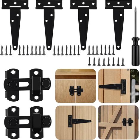 Charnières T Lourdes (10cm) et Verrou Porte Acier Inoxydable Noir, Charnières Sangle Robustes Portail Jardin Grange, avec Vis, Intérieur Extérieur (1/5)