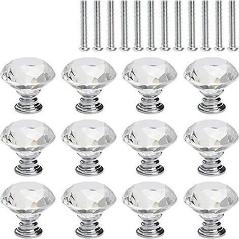 12 Pcs Bouton de Meuble Cristal, Poignée Bouton de Porte Placard Meuble Tiroir, Diamant de Verre Cristal Transparent, Base en Argent (1/5)