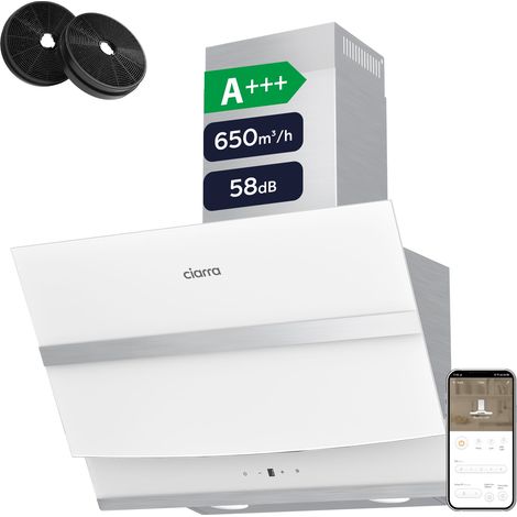 Ciarra – Hotte inclinée 60cm 650m3/h 4 vitesses wifi connectée – Évacuation ou recyclage – Tactile blanche – SKU 736NWH60