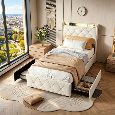 Lit avec 2 tiroirs, Lit coffre capitonné 90x200, Cadre de Lits pour adults, Lit rembourré 1 Personne, tête de lit en coton, avec LED et USB, Velours, MDF, Beige (1/5)
