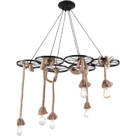 Lampe à Suspension En Corde De Chanvre 6 Douilles E27 Rétro Country A89-6 (1/5)