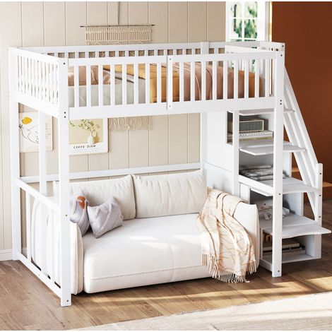 CHICFURN Letto a soppalco 140x200 cm in pino bianco con scala contenitore, senza materasso (1/5)