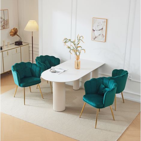 Lot de 4 chaises en velours vert, dossier fleur, pieds métal dorés, 63 x 58 x 77 cm (1/5)