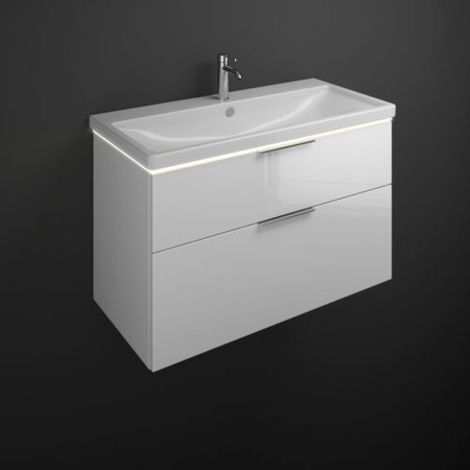 Burgbad Eqio Keramik-Waschtisch mit Unterschrank, 2 Auszüge mit LED-Beleuchtung, Griffleiste Frassino Dekor Cappuccino/Alpinweiss 103 cm Schwarz matt