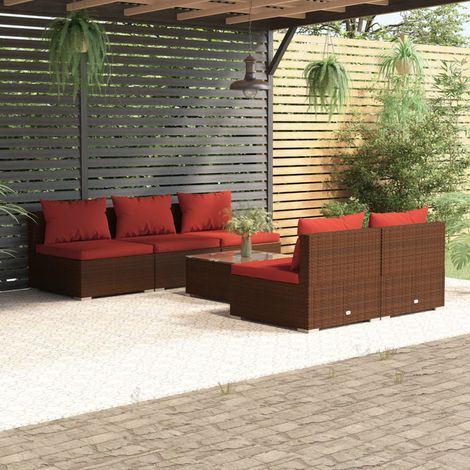 6-tlg. Garten-Lounge-Set mit Auflagen Poly Rattan Braun (1/5)
