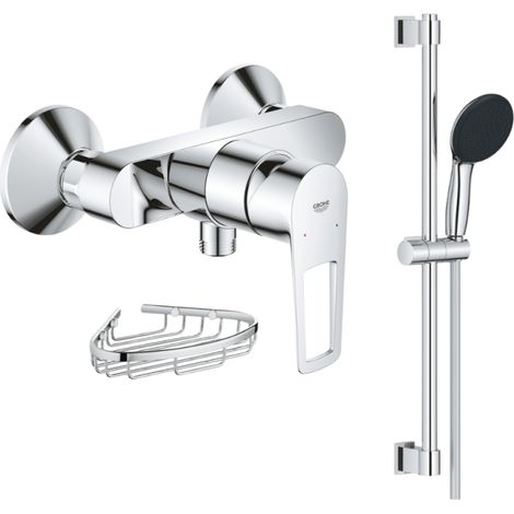 Pack mitigeur douche mécanique GROHE StartLoop + Ensemble de douche 2 jets avec barre + Panier porte-savon