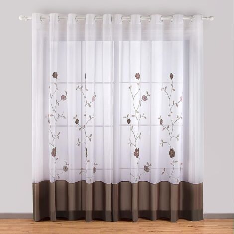 QORVA-Lot de 2 Rideaux à Oeillets Voilages Broderie Floral pour Chambre Cuisine Salon, 140cmx225cm, Marron-Ensoleillé (1/5)