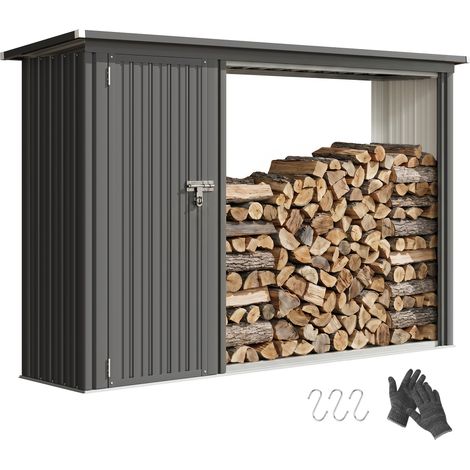 Irovami Range-bûches extérieur 2 en 1 avec armoire de rangement pour outils, 1,26 m², 235 x 67 x 149 cm, gris foncé (1/5)