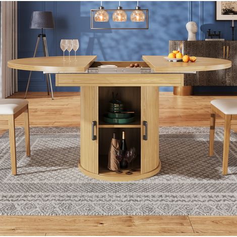 Table extensible de salle à manger ronde à ovale 118-158 cm avec rangement, MDF naturel HAVRYA (1/5)