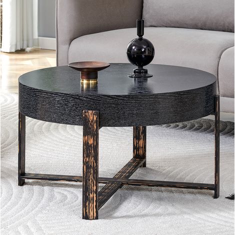 Tavolino rotondo 68x68x39 cm nero in MDF e metallo con piede incrociato (1/5)