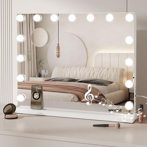 Dripex Miroir de Maquillage Lumineux 15 Ampoules LED avec Bluetooth Miroir Coiffeuse Lumineux Holleywood Contrôle Tactile Luminosité Réglable 58 x 45 cm - Blanc