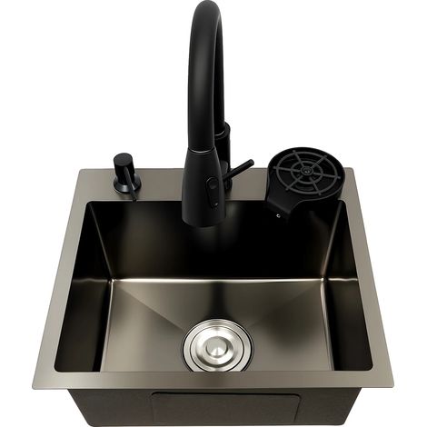 Évier de cuisine, robinet escamotable, design multifonctionnel, noir (1/2)