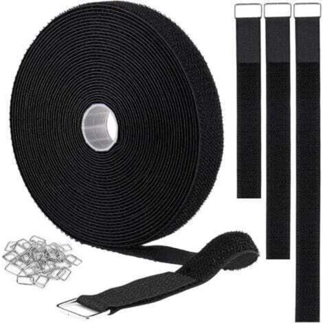 2.5CM x 5M Attache Câble Scratch, Non Adhésif Serre Câble Bande avec 25 Bouton en Métal, Attaches de Câble Réutilisables Réglables pour Ranger et Organiser Tous Les Câbles, Noir