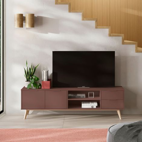 Meuble TV 2 portes 2 tiroirs 180x40x53 cm en pin terracotta - KLIMEA (1/5)