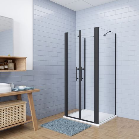 AICA 90x195cm schwarze U Form Duschabtrennung Duschwände, Pendeltür mit Seitenwand,6mm Nano NANO ESG Glas, 450mm Stützstab, inkl. 90x90cm Duschwanne mit Ablaufgarnitur (1/5)